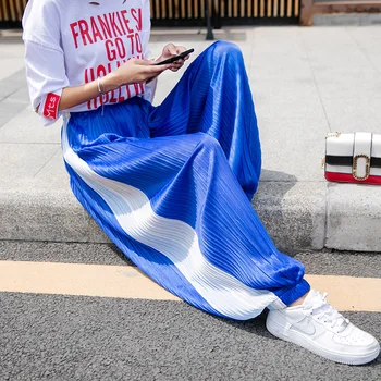 

silk hip hop dance women pants summer new side striped loose lantern chiffon long female pleated solid female ankle length pants