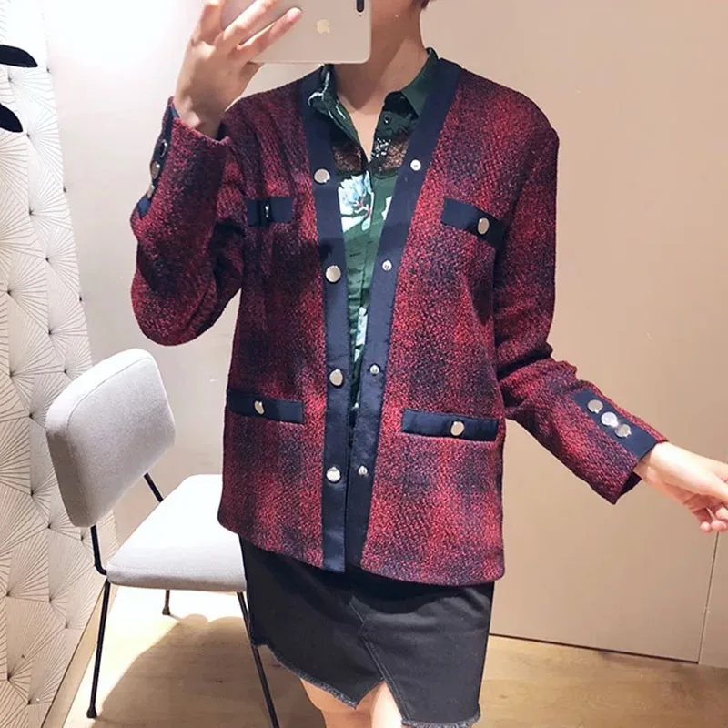 

Vintage Style Retro plaid buttons casual v-necks and long-sleeved coat