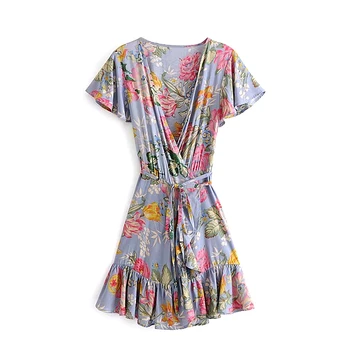 

Beach Style Chic Vintage Floral Print Mini Dress Women New Fashion Sweet Holiday Sashes Ruffles Dresses Vestidos Mujer