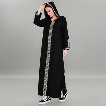 Fashion women muslim plus size 7xl black patchwork hooded abaya dress