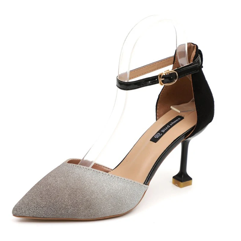 Spring Summer Women Sandals Ladies Shoes Buckle Shallow Sequined Cloth Fashion High Heels Stilettoes Solid Casual Pointed Toe | Обувь