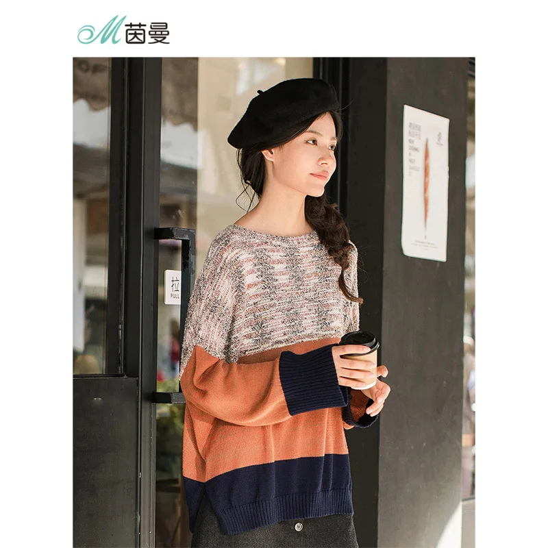 

INMAN Women Fashion Clothing Cotton Linen Lazy Stripped Patchwork Women Pullover Sweater