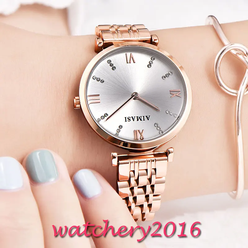 

NEW 32.3mm AIMASI Grey diamond dial Push button hidden clasp rose golden plated case Analog Automatic movement Womens WristWatch
