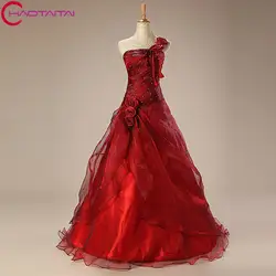 Красные платья Quinceanera долго 2018 бальное платье Цветы из бисера одно плечо сладкий 16 платья миди платья платье для 15 лет