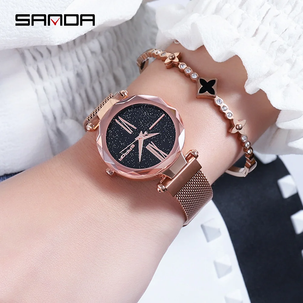 

SANDA Simple Quartz Wristwatch for Women Watches Mesh Belt Ladies Watch Easy Magnet Clasp Rose Gold Stylish Clock montres femme