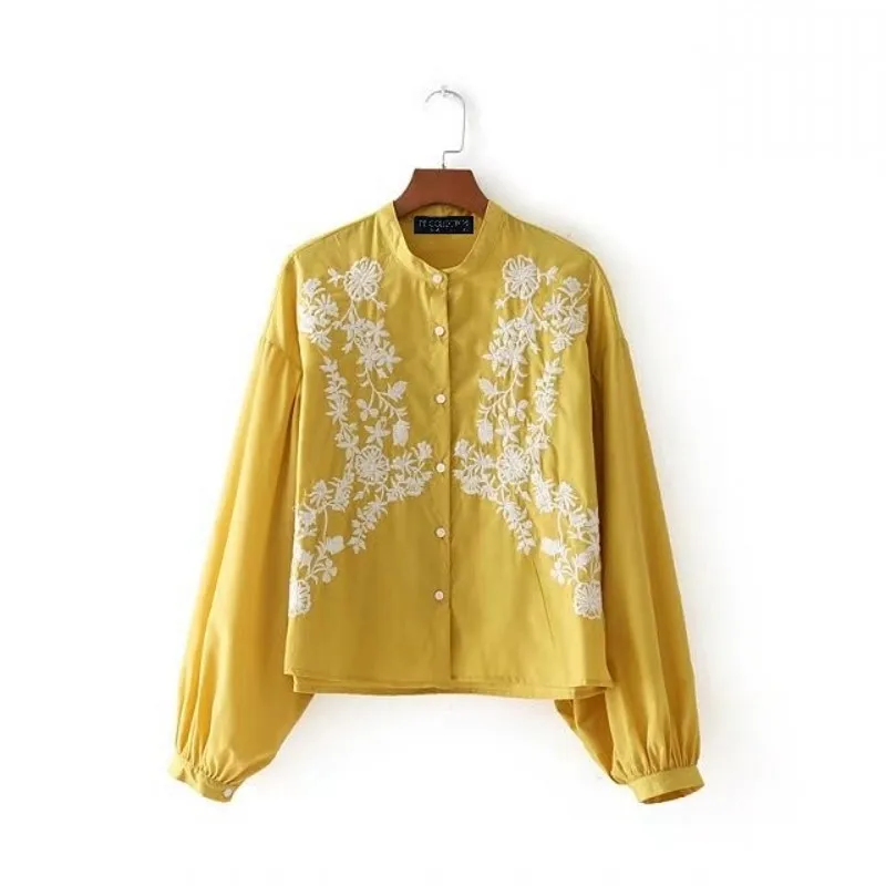 

NSZ Women Floral Embroidery Blouse Cotton Shirt Lantern Sleeve Stand Collar Casual Loose Ladies Top Camisas Femininas Blusa