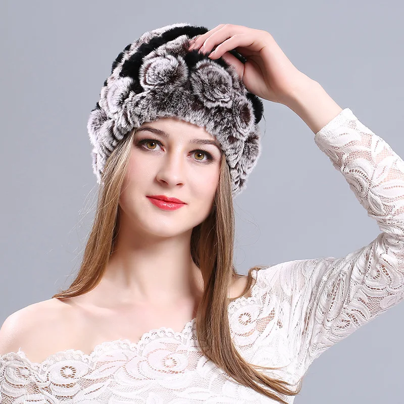 

Меховая теплая шапка в виде гриба, женская шапка из меха кролика Рекс, корейская мода, вязаные шапки с ручным крючком, Женская Повседневная зимняя мягкая плотная шапка, H7067