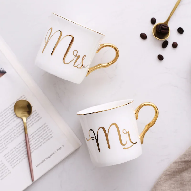 

Mr and Mrs Cups Mugs 45% Bone china Teacup Golden Ceramic Mug Porcelain Coffee Gilded Mug Milk Cup gilding Mug gold-plating Cup