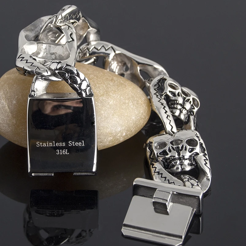 Мужской браслет с черепами TrustyLan из нержавеющей стали 316L шириной 26 мм и 8 дюймов