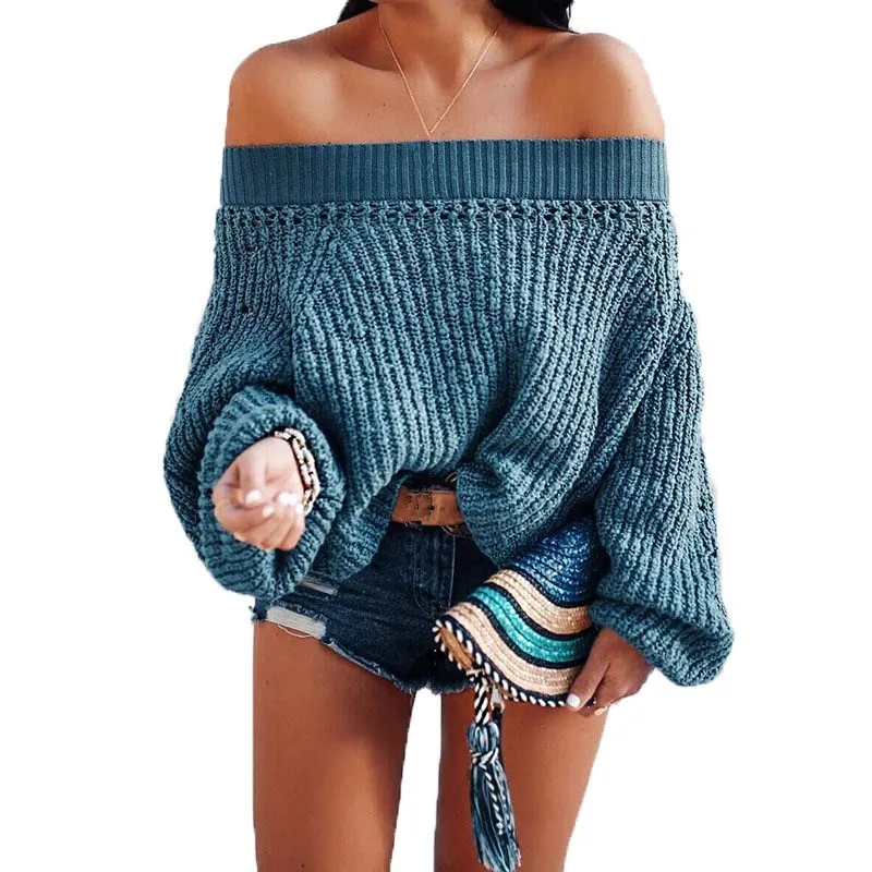 Off Shoulder Sweater Lantern Sleeve Sweater 2018 Autumn Casual Sweaters Women Clothing Pull Femme