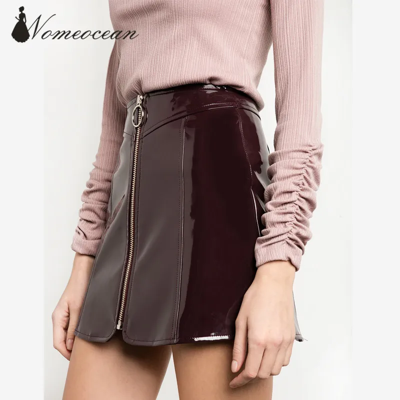 

BURGUNDY PATENT CIRCLE RING ZIPPER SKIRT Zip-up A-line Mini Skirt 2018 Spring and Summer Faux Patent Leather Skirt M17022320