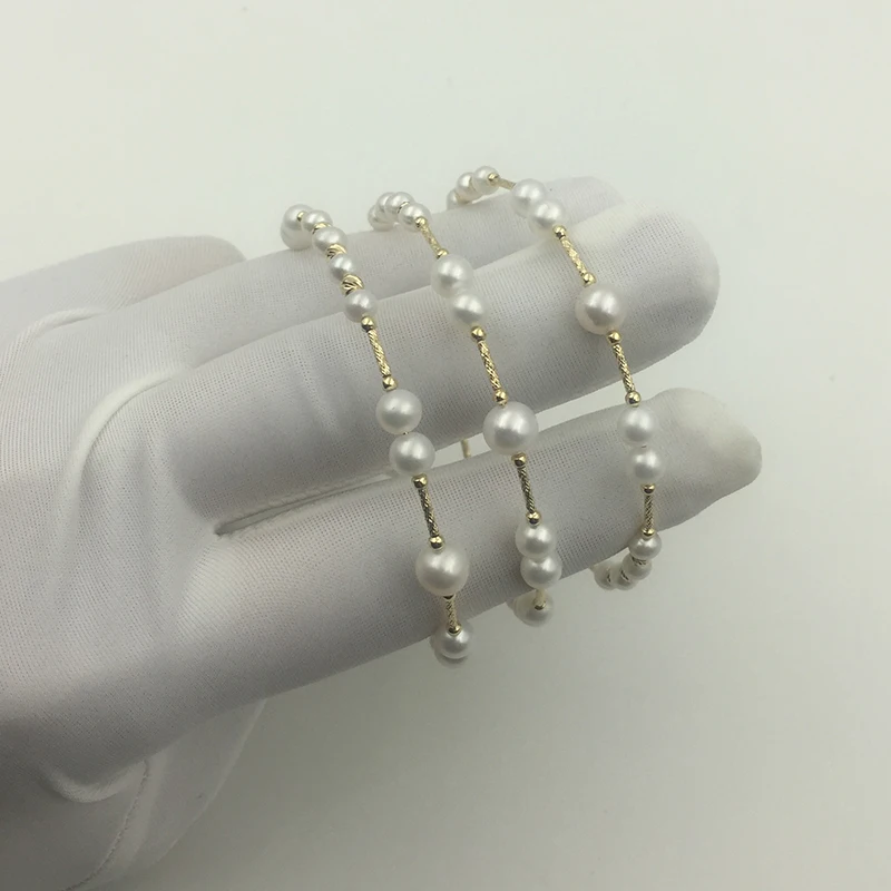 Женский многослойный браслет с натуральным жемчугом 18k AU750|Гибкие и жесткие