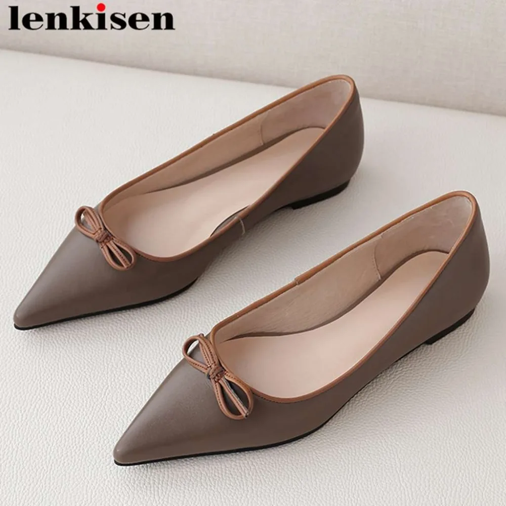

Plus size hand-sewn leather slip on loafers bowtie full grain leather pointed toe women flats elegant lady oxford cozy shoes L35