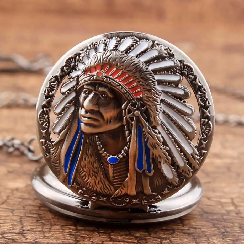 Retro Indian People Vintage Pocket Watch Necklace Quartz Fob Watch Men