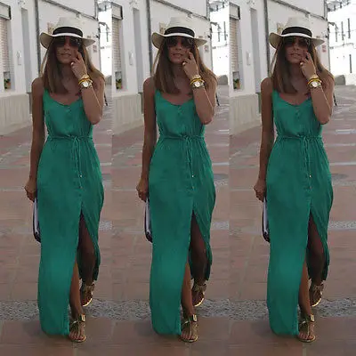 2016 Casual Summer Dress Sleeveless Women Maxi Long Dresses Green V-Neck High Waist Front Wrap Beach Vestidos S-XL | Женская одежда