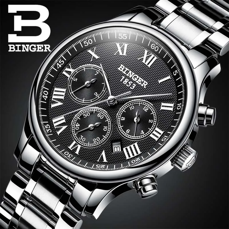 Watches Men Luxury Brand BINGER Automatic Mechanical Watch Waterproof Calendar Leather Wristwatch relogio masculino - Цвет: 12