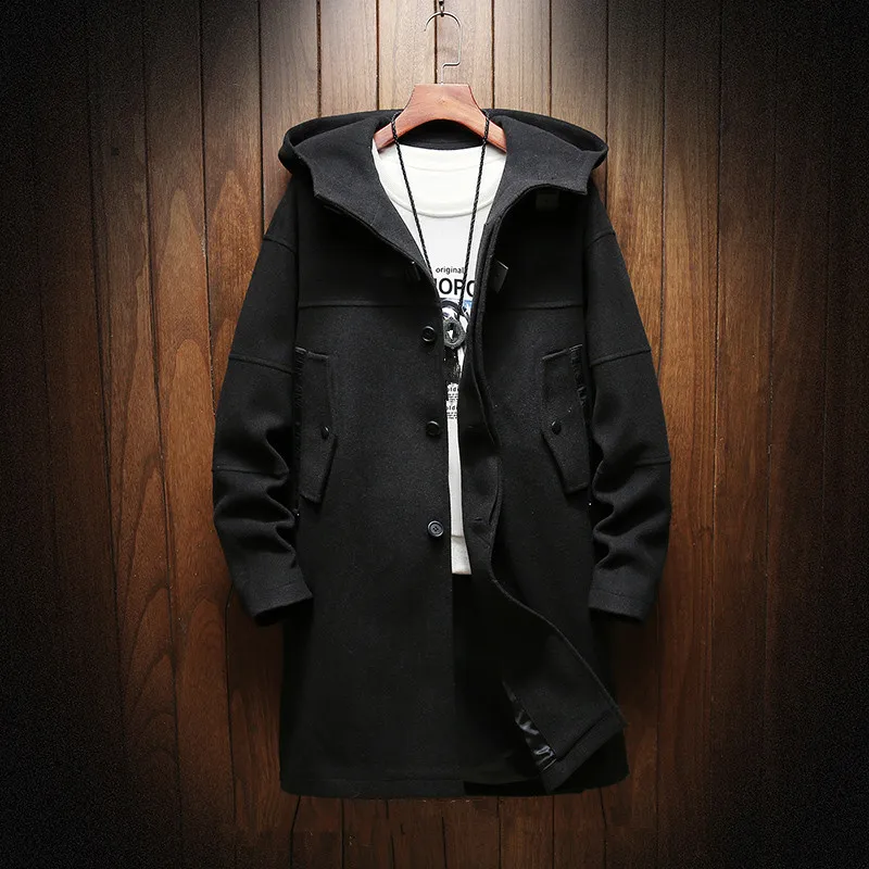 autumn and winter New style Men's fashion casual Long style trench coat Men's Cotton hooded jackets men size M-5XL - Цвет: Черный