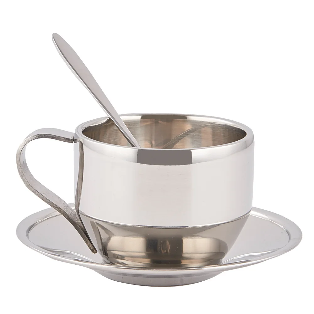 

Bpa-Free 150ml Moscow Mule Cup Double Layer 18/8 Stainless steel Coffee&Tea Mug With Plate And Spoon Saucer Used At Home&Office