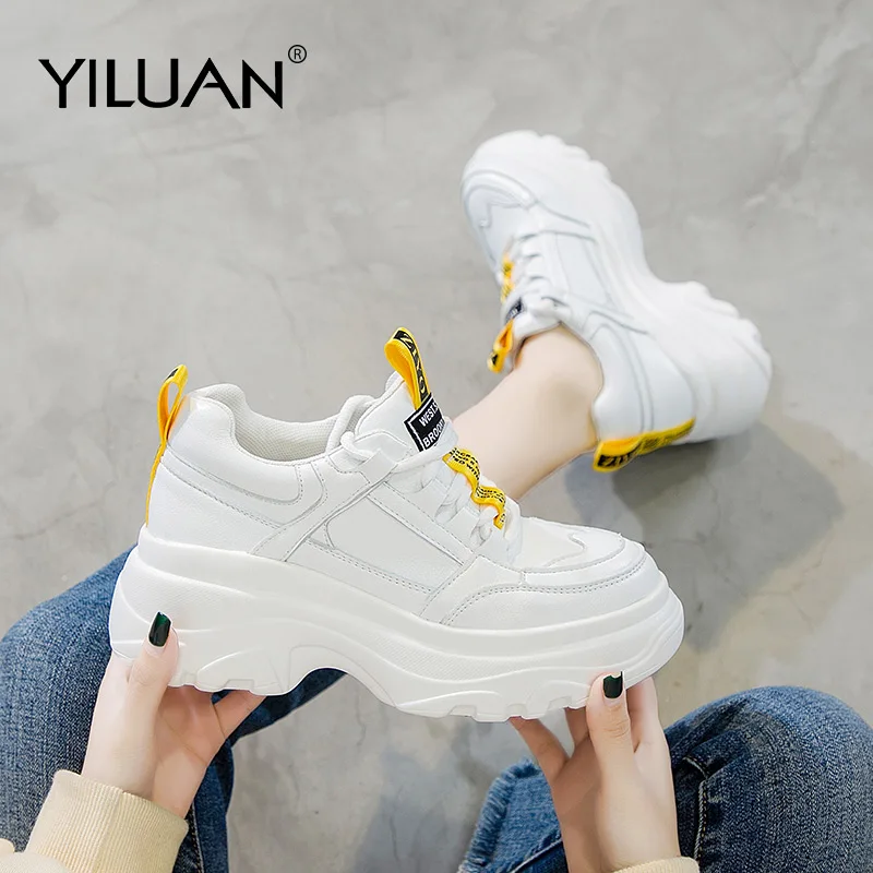Кроссовки Yiluan женские в полоску повседневная обувь на платформе белые кожаные