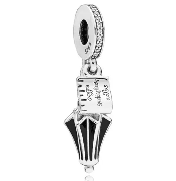 

925 Sterling Silver Bead Charm Black Enamel Mary Poppins Umbrella Pendant Beads Fit Pandora Bracelet & Necklace Diy Jewelry