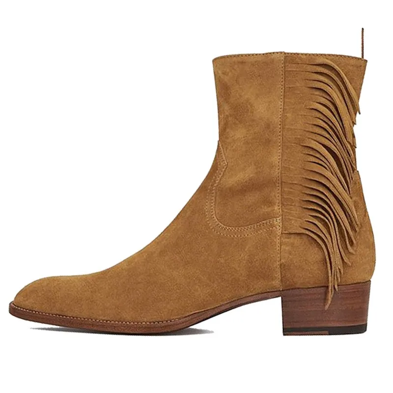Martin Knöchel Rindsleder Echt Auf Winter Wildleder Leder Runway Reiten Chelsea Mens Stiefel Block Quasten Brown Heels Schuhe Slip RwBqW6a