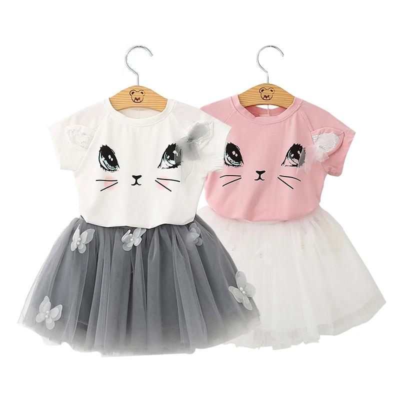 Эксклюзивный комплект одежды для детей, одежда для девочек Милая сетчатая юбка-пачка с аппликацией кота и бабочки модная летняя одежда для детей возрастом от 2 до 7 лет