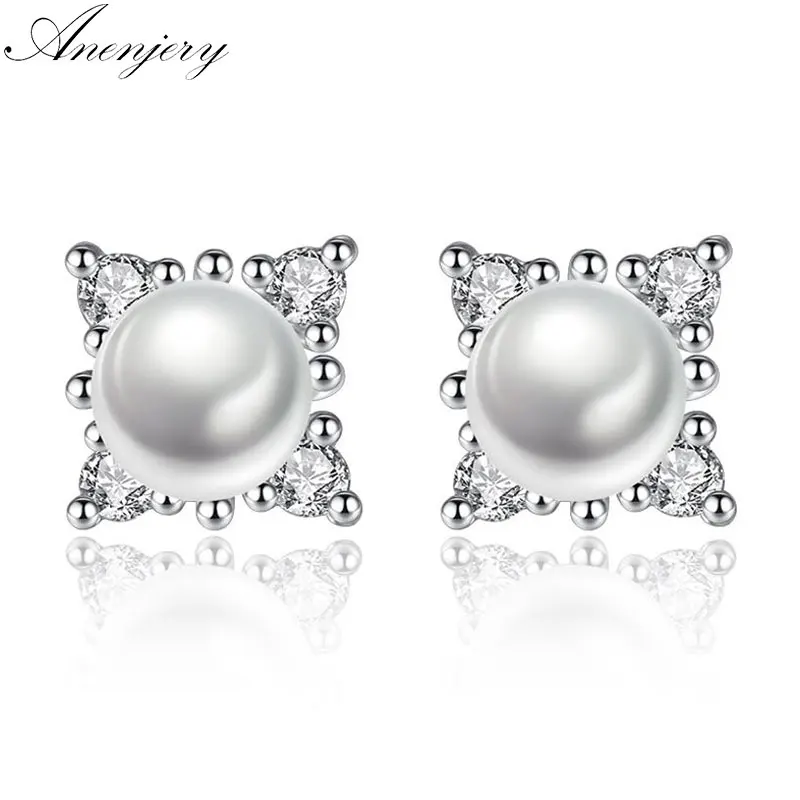 

Anenjery 925 Sterling Silver Zircon Earrings Snowflake Imitation Pearl Flower Stud Earrings For Women brincos S-E205