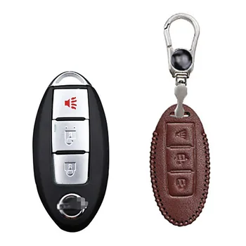 

3 Button Genuine PU Leather Remote Key Bag Case Fob Holder Chain For Nissan