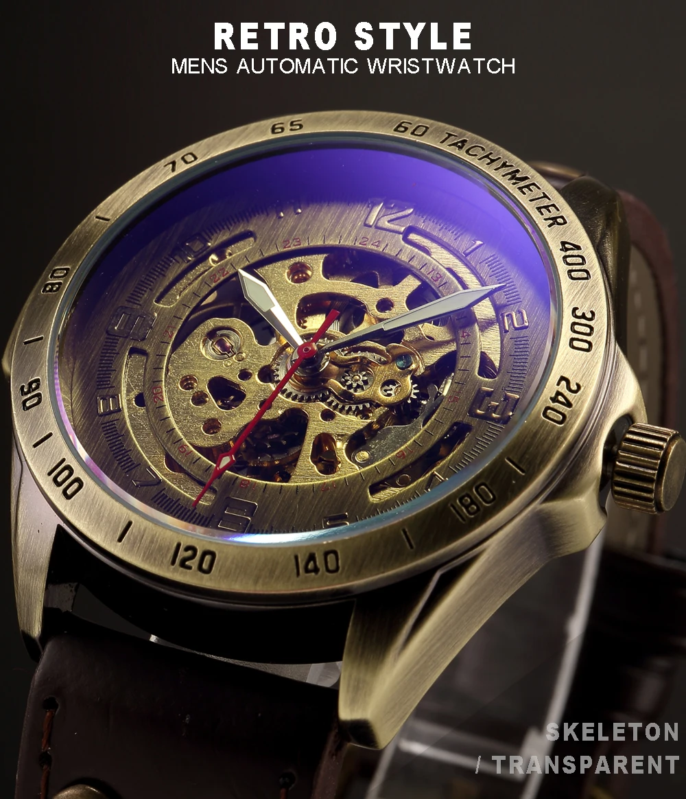 Скелет автоматические механические часы мужские бронза стимпанк часы мужские s прозрачные Ретро кожа, старинные часы montre homme