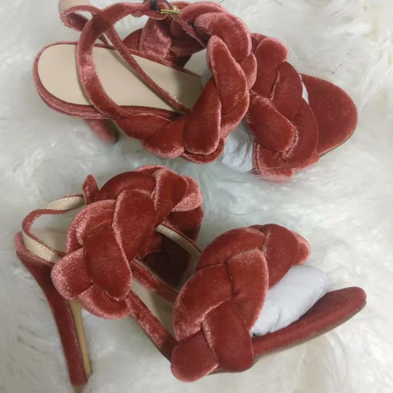 Роскошные бархатные сандалии-гладиаторы с плетением; женские туфли с открытым носком на высоком каблуке 10 см с ремешком на щиколотке; женская пикантная обувь для вечеринок