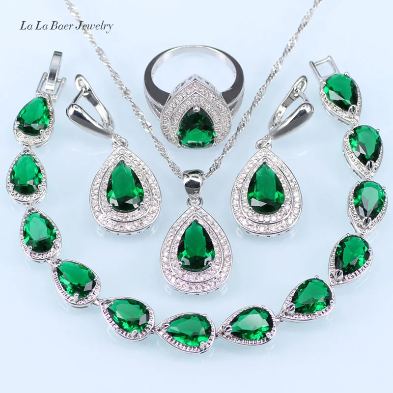 L & B Warna Water Drop Hijau Dibuat Emerald 925 Perak Gelang 4 PCS Pernikahan Perhiasan Set Untuk Wanita & Lady