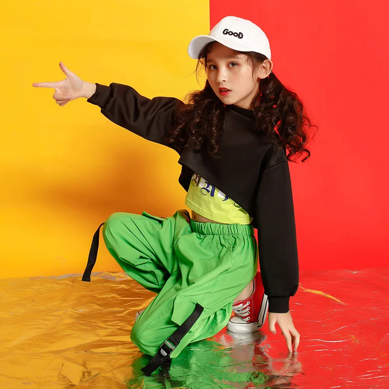 Kid Kpop Hip Hop Clothing Sweatshirt Crop Top Long Sleeve Tank Vest Streetwear Jogger Pants for Girl Jazz Dance Costume Clothes