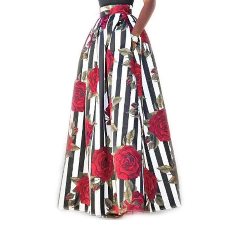 

Floral Long Skirts Womens Maxi Skirt 2019 Floor-Length High Waisted Elastic with Pockets Vintage Striped Summer Skirt Plus size