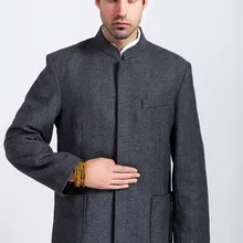 Темно-серый модная обувь в китайском Стиль Для мужчин из овечьей шерсти кунг-фу куртка пальто с длинным рукавом Верхняя одежда M L XL XXL XXXL M27