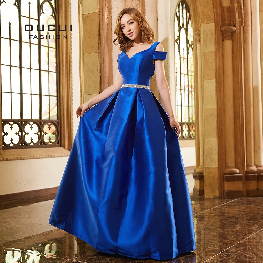 

Royal Blue Crystal Evening Gowns Prom Dress Long Elegant Dresses Off Shoulder Sexy Cut-out Back Princess Party Vestido OL103270