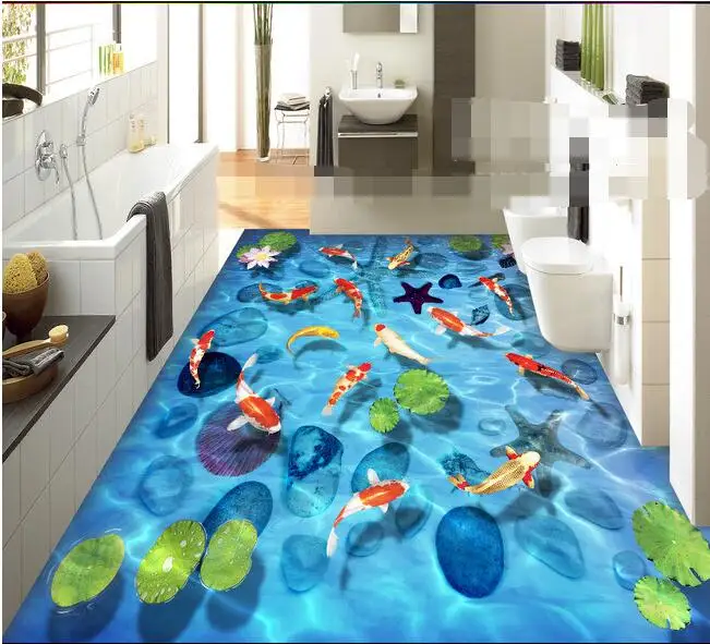 3d flooring wallpaper custom waterproof 3d flooring pvc Stone lotus carp shell 3 d floor tile