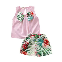 1-4T комплекты одежды для маленьких девочек; жилет без рукавов с принтом и бантом; футболка; топы; короткие штаны; одежда