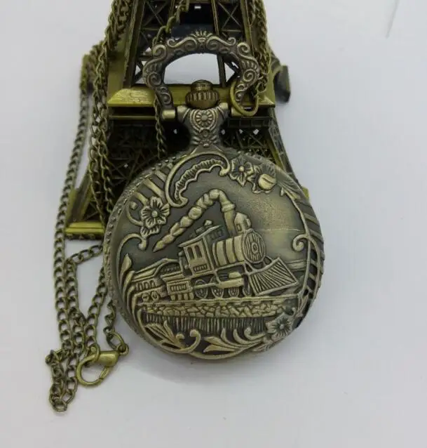 

Vintage Bronze fashion quartz train forward pattern man gift antique cowboy chain pocket watches