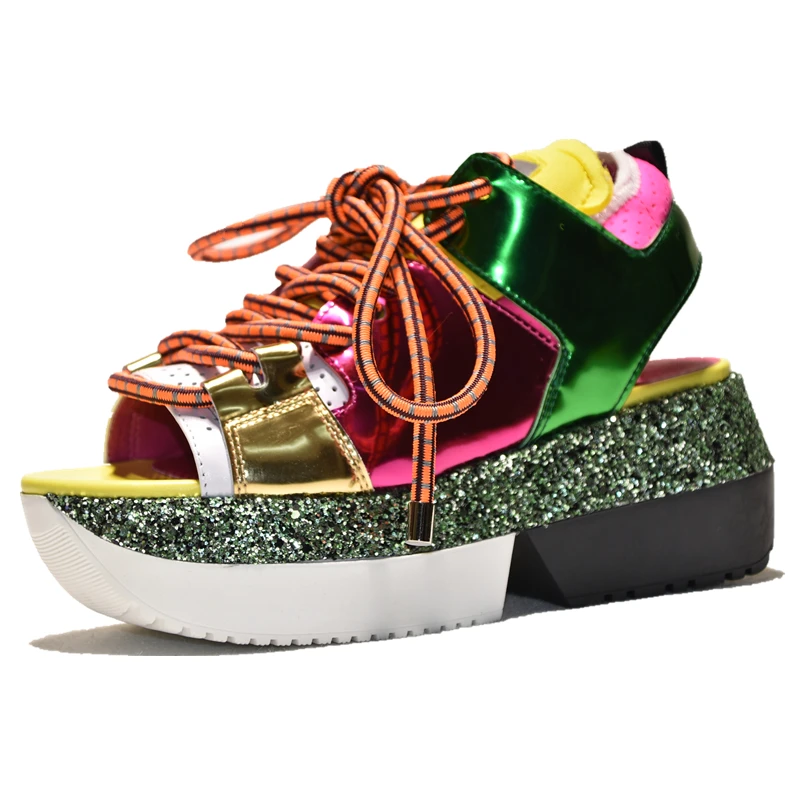 

2019 Hot Luxury Thick bottom Gladiator Sandals Women Peep toe Lace up Platform Patchwork Sport Summer Shoes Sandalias mujer