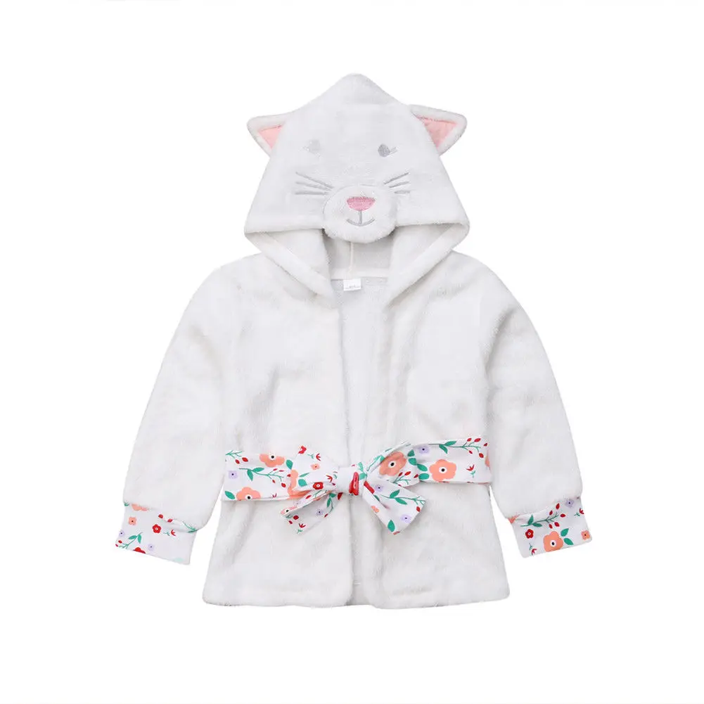 Warm Infant Baby Kid Boy Girl Cat Pajamas Long Sleeve Cartoon Hooded Bath Robe Sleepwear Dressing Gown Outfit 6M-5Y