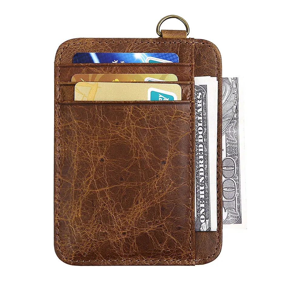 

RFID Genuine Leather Card Holder Men Credit Card Wallet Male Mini Slim Front Pocket ID Holder Women Business With Key Ring