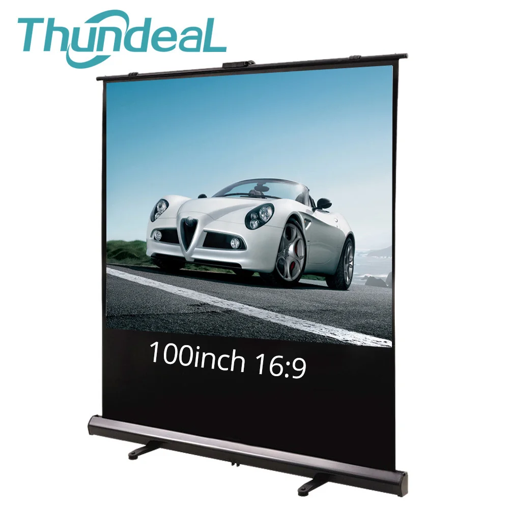 

ThundeaL 80in 100 inch 16:9 Floor Projection Screen Party School Office Meeting Pull Up Floor Standing HD Projector Screen White