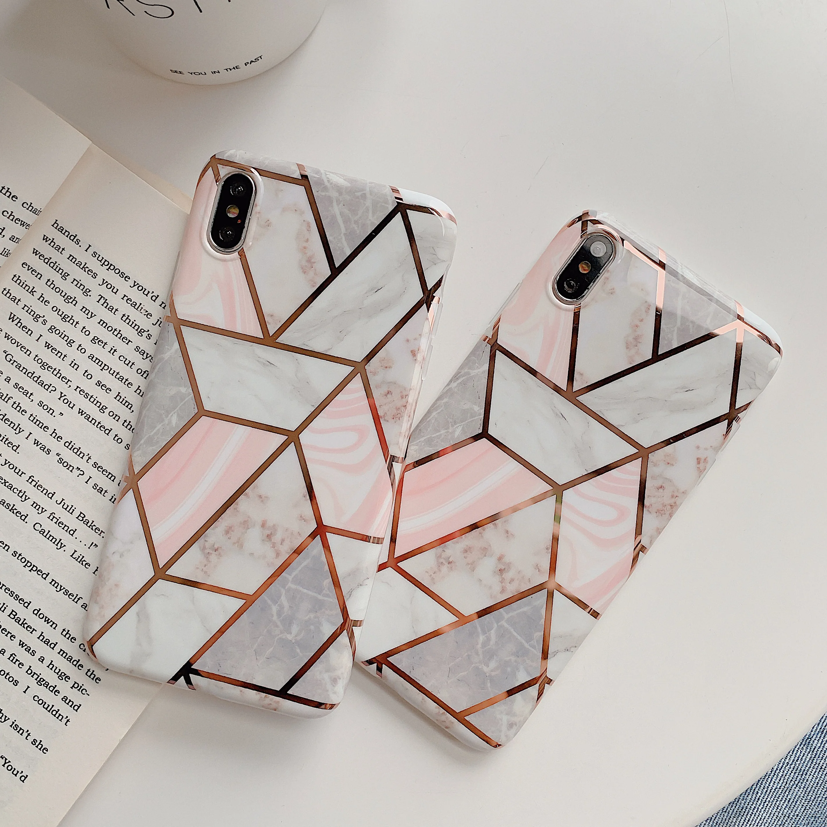 Чехол для телефона с золотыми полосками iPhone 6 6S 7 8 Plus X XR XS Max розовый мраморным