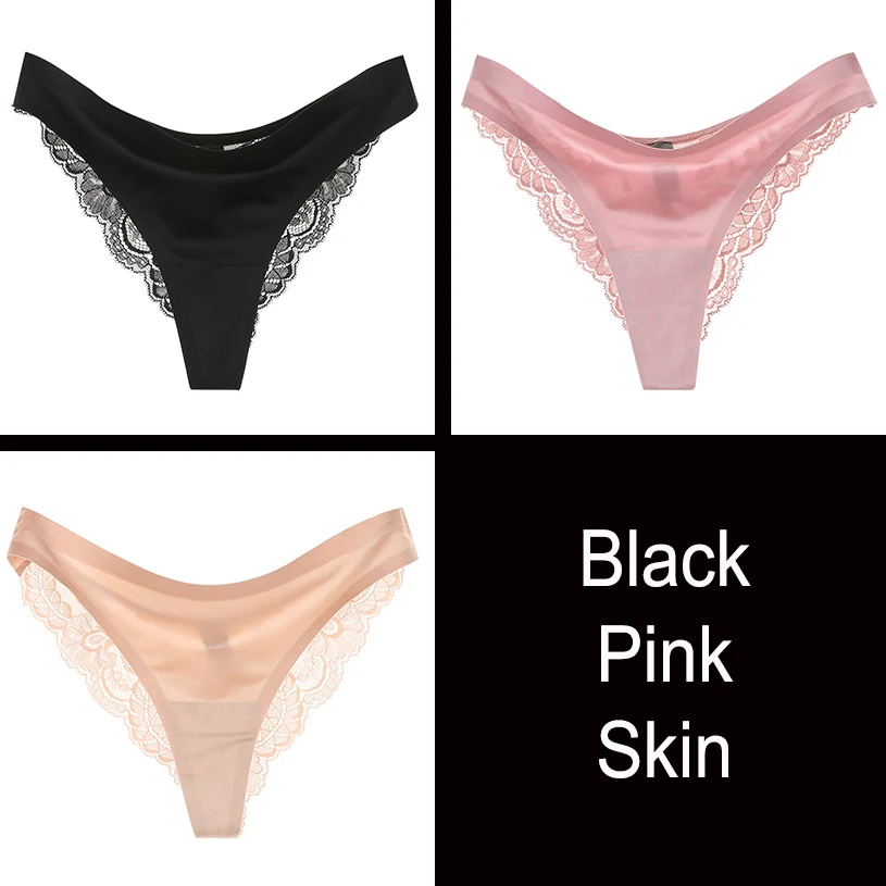 3pcs/lot Sexy Lace Thongs Women Ice Slick G String Female Underwear Low Waist Solid Seamless Panties Ladies Briefs DULASI - Color: Black Pink Skin