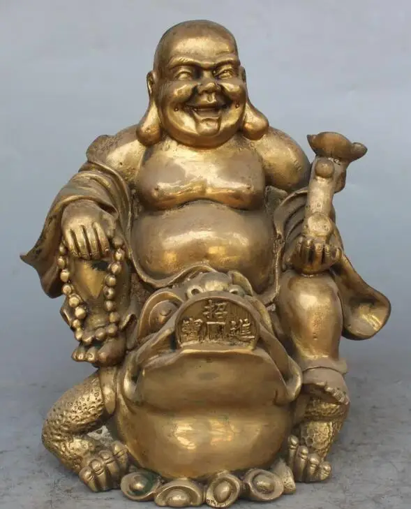 

S2578 12"Marked Bronze Laugh Buddha Wealth Money Cicada Ruyi Statue