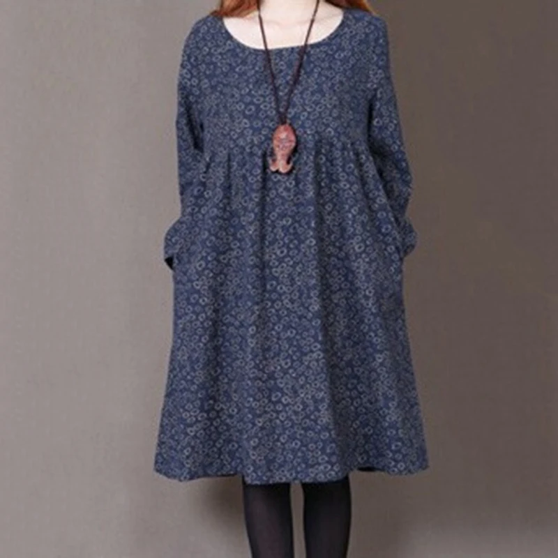 Popular Casual Pregnant Woman Dress Floral Printed O Neck Long Sleeve Maternity Clothes Cotton Linen Spring