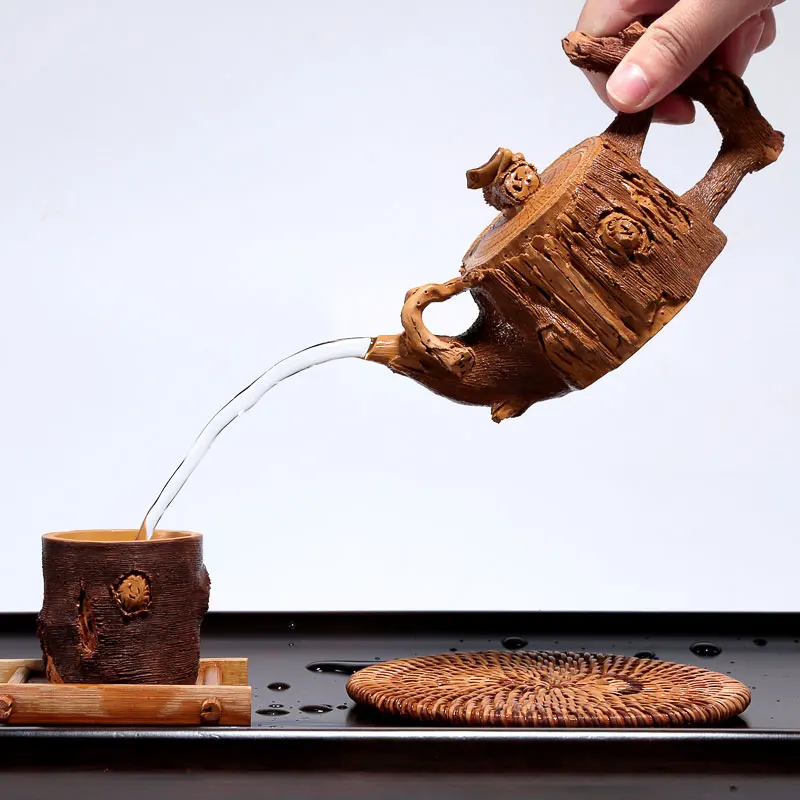 Imitation Tree Stump Teapot With Frog Lid Retro Authentic Yixing Purple Clay Tea Pot Cup Set