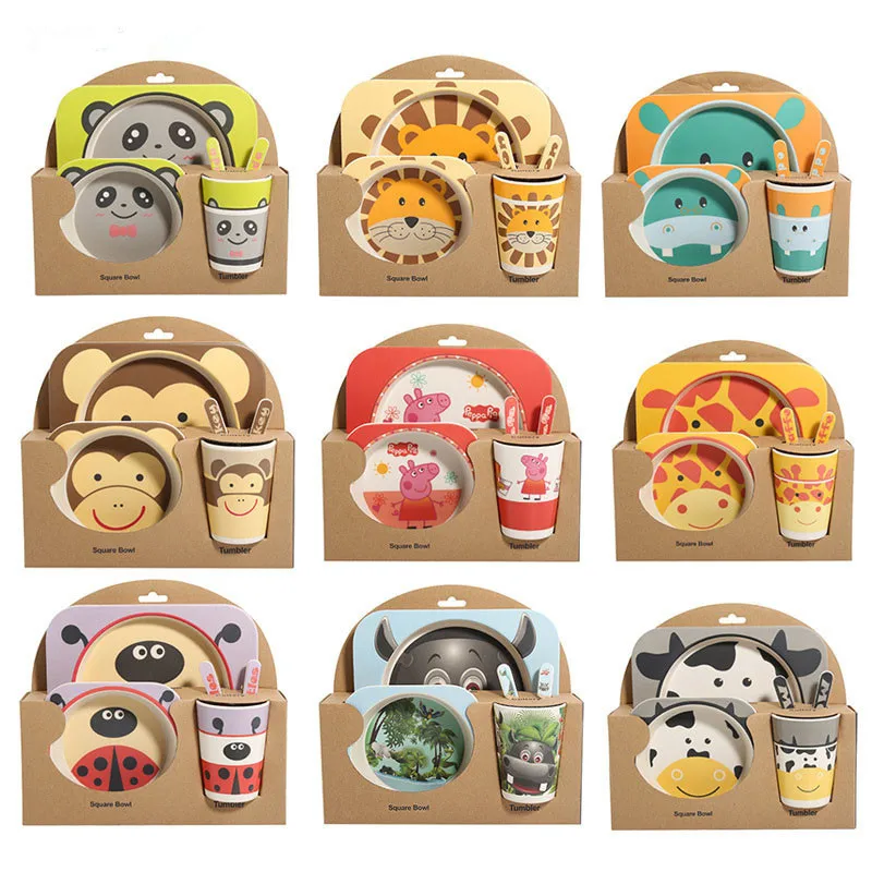 

Baby Bamboo Fiber 5 Pcs/Set Tableware Set Baby Plate Children Cartoon Separation Plate Bowl Fork Spoon Cup Set Feeding Supplies