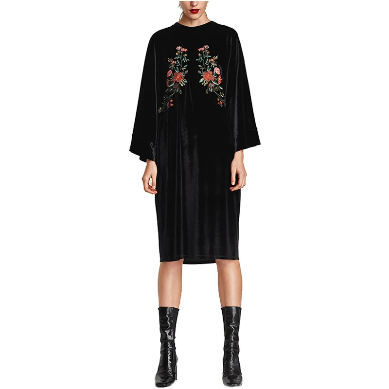 

Fashion women floral embroidery velvet dress Black loose sleeve knee length A-line midi dress Autumn winter casual women dress