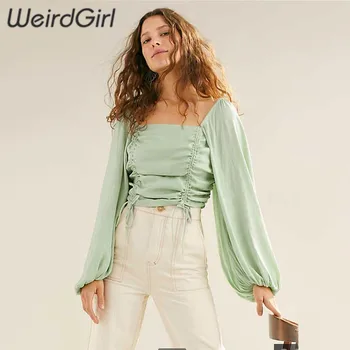 

women fashion t-shirt slim green crop tops square neck long sleeve femme tees summer streetwear going out elegant 2019